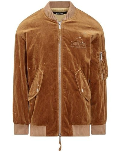 DSquared² Logo Embroidered Zipped Bomber Jacket - Brown