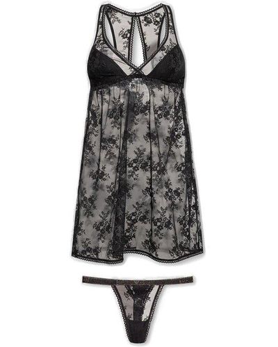 Emporio Armani Floral-embroidered Semi-sheer Underwear Set - Black