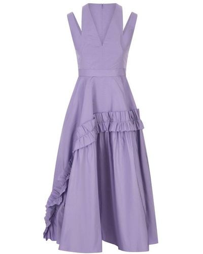 Alexander McQueen Wisteria Asymmetrical Dress With Cutwork And V-neck - Purple