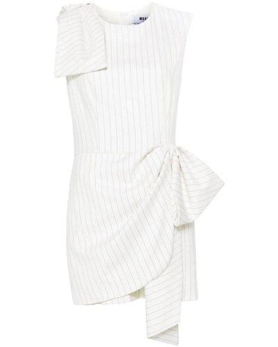 MSGM Bow Detailed Pinstriped Mini Dress - White