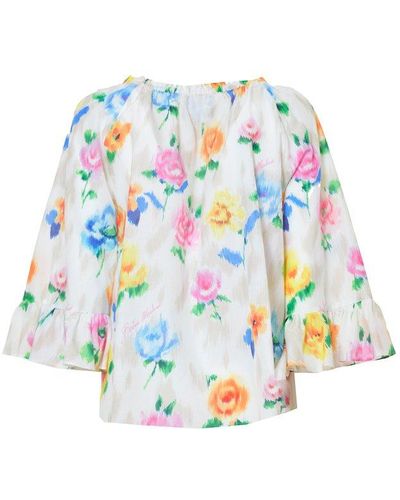 Boutique Moschino Floral-printed Gathered Neck Blouse - Blue