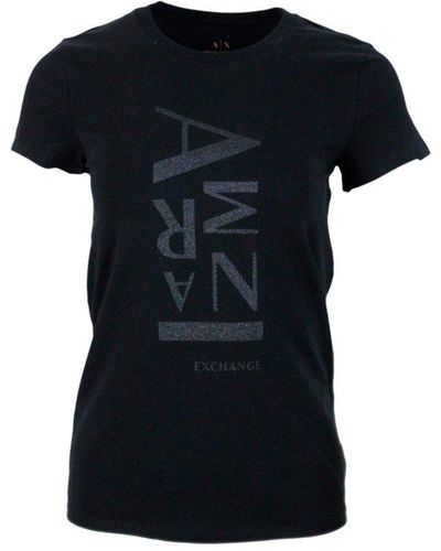 Armani Short-sleeved Crew-neck T-shirt In Stretch Cotton Jersey With Lurex Lettering On The Chest - Black