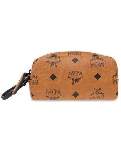 MCM Logo Printed Zipped Pouch - Brown