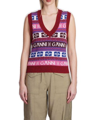 Ganni Fair Isle-intarsia-knit V-neck Vest - Red