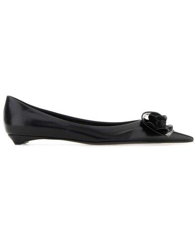 Prada Floral-applique Leather Ballet Flats - Black