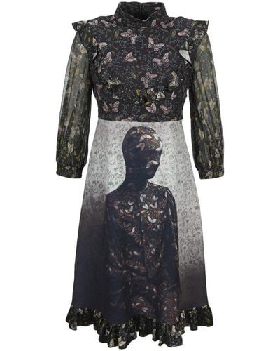 Undercover Frilled Butterfly Print Dress - Black