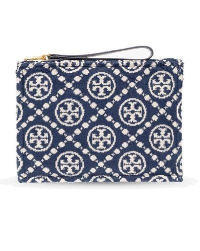 Tory Burch All-over Logo Embroidered Zipped Clutch Bag - Blue