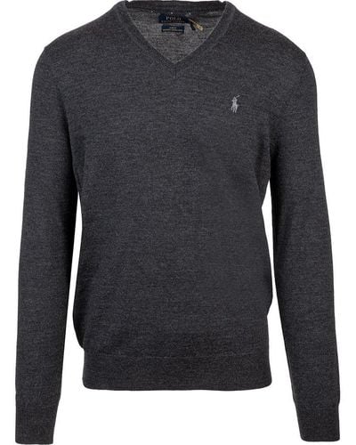 Polo Ralph Lauren Logo Embroidered V-neck Sweater - Gray