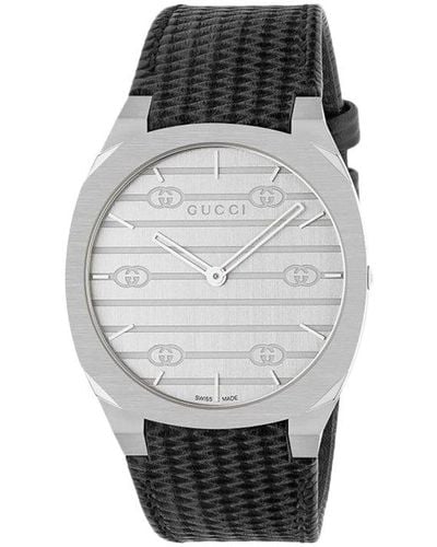 Gucci 25h 38mm Textured-leather And Stainless Steel Watch - Black