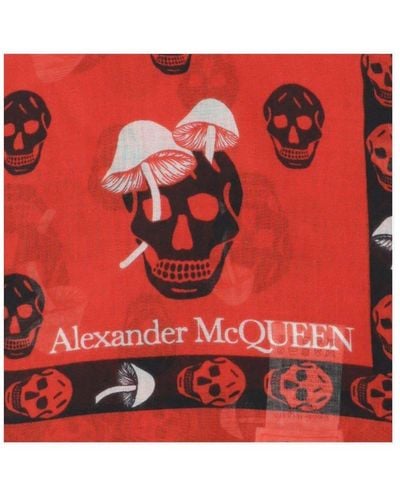 Alexander McQueen Skull Printed Frayed Hem Scarf - Red
