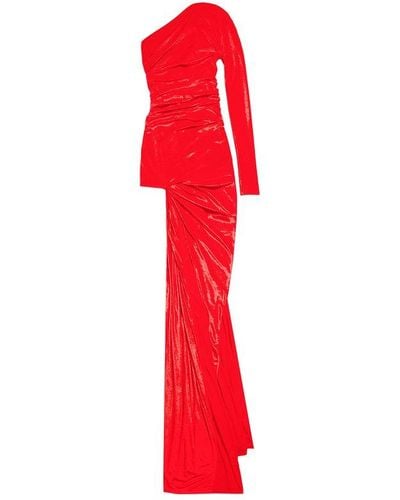 Balenciaga Velvet Asymmetric Draped Dress - Red