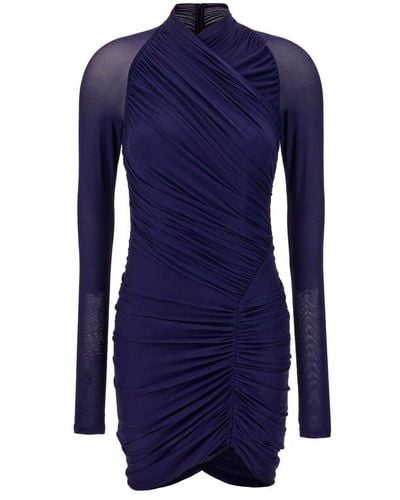 Ferragamo Gathered Detailed Asymmetric Hem Mini Dress - Blue