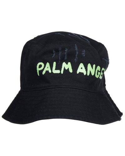 Palm Angels Logo Printed Distressed Bucket Hat - Black