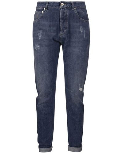 Brunello Cucinelli Five-pocket Leisure Fit Pants In Old Denim With Rips - Blue