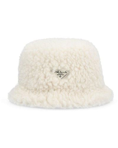 Prada Brand-plaque Wide-brim Wool Silk And Cashmere-blend Bucket Hat - White