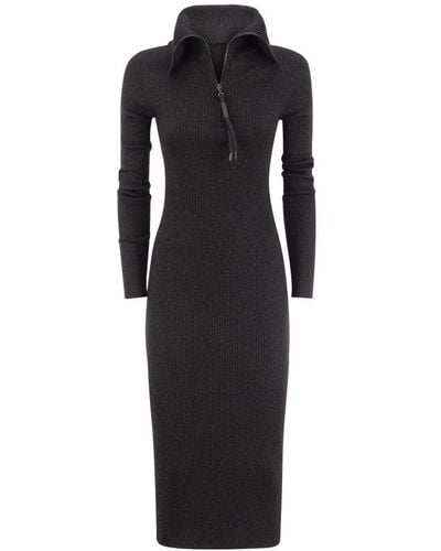 Brunello Cucinelli Sparkling Ribbed Cashmere And Silk Knit Dress With Shiny Half Zip - Black