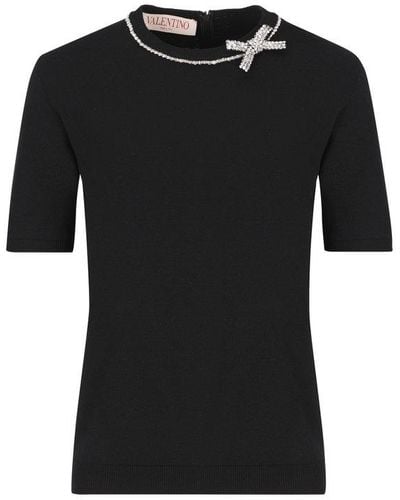 Valentino Bow Detailed Short-sleeved Sweater - Black