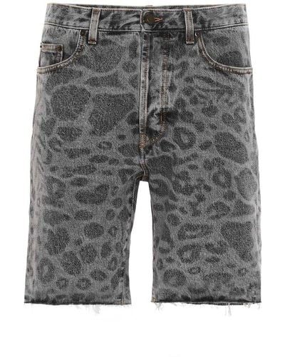 Saint Laurent Leopard Print Denim Shorts - Grey