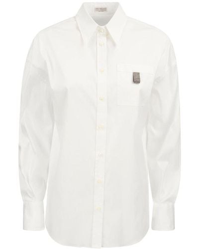 Brunello Cucinelli Stretch Cotton Poplin Shirt With Shiny Tab - White
