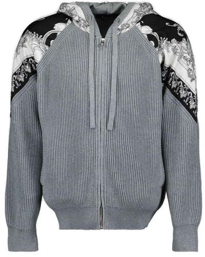 Versace Filigree-printed Zipped Knitted Hoodie - Grey