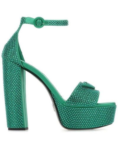 Prada Crystal Studded Platform Heeled Sandals - Green