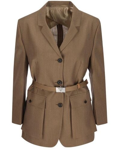 Prada Button-up Belted Jacket - Brown