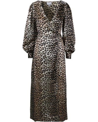 Ganni Leopard Printed Wrap Dress - Black