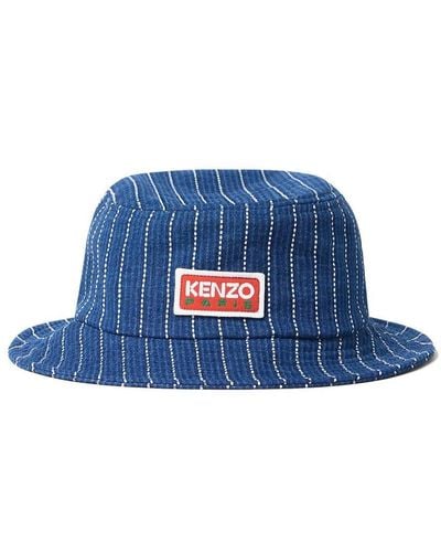KENZO Logo Patch Stripe Detailed Bucket Hat - Blue