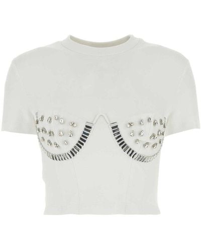 Area Embellished Short Sleeved Cropped Top - White