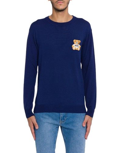 Moschino Teddy Bear Patch Crewneck Knitted Sweater - Blue