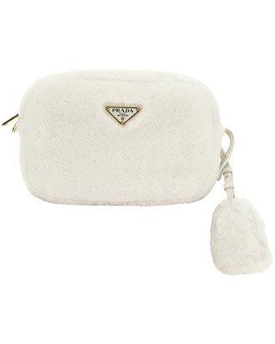 Prada Logo Plaque Shearling Zipped Shoulder Bag - White