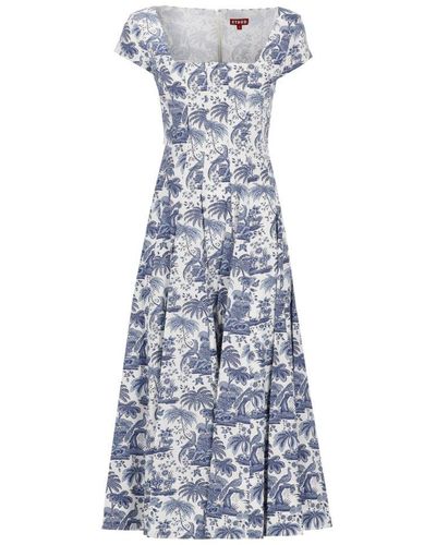 STAUD Wells Graphic-printed Square-neck Midi Dress - Blue