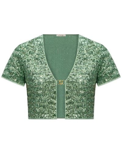 Oséree Sequin Embellished Cropped Cardigan - Green