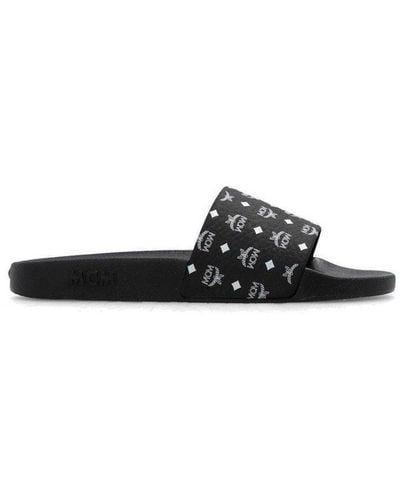 MCM Monogram Printed Pool Slides - Black