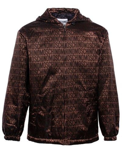 Moschino Logo Printed Hooded Zipped Lightweight Jacket - Brown