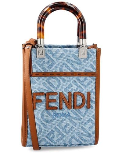 Fendi Sunshine Mini Denim & Leather Tote - Blue