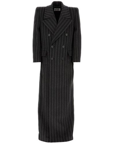 Saint Laurent Striped Double-breasted Long Coat - Black