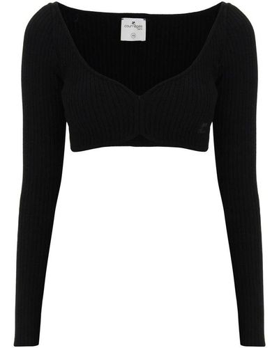 Courreges Long-sleeved Knitted Cropped Top - Black