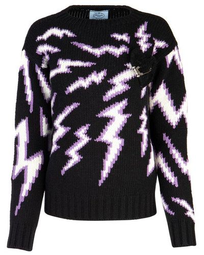 Prada Intarsia Safety Pin Crewneck Sweater - Black