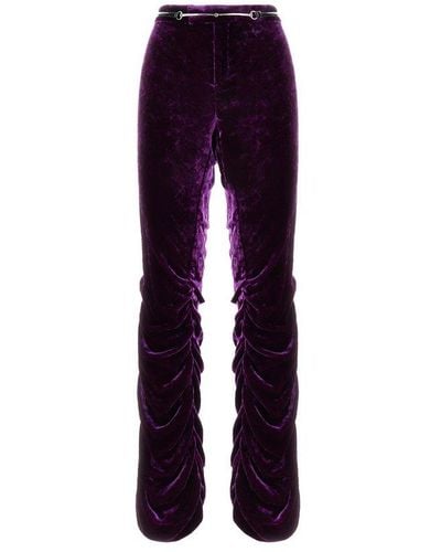 Gucci Belted Gathered Velvet Straight-leg Trousers - Purple
