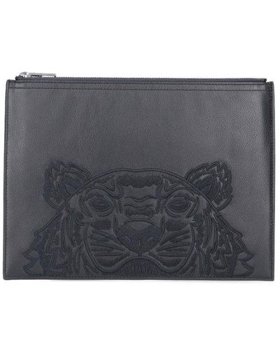 KENZO Kampus Tiger Motif Embroidered Large Clutch Bag - Black