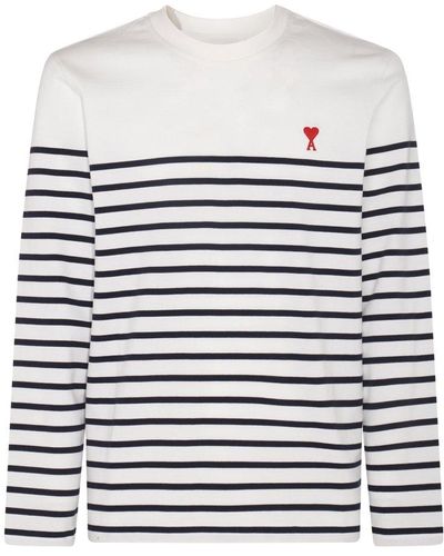 Ami Paris De Coeur Logo Embroidered Striped T-shirt - White