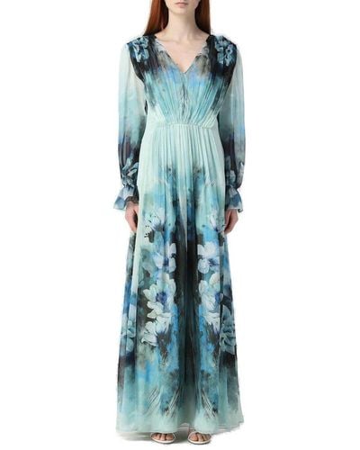 Alberta Ferretti Floral Printed Pleated Midi Dress - Blue