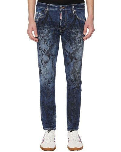 DSquared² Graphic Printed Bleached Skinny Jeans - Blue