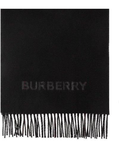 Burberry Reversible Logo Detailed Fringed Scarf - Black