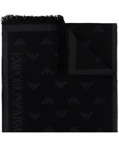 Emporio Armani Wool Scarf With Logo - Black