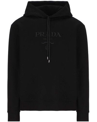 Prada Logo-embroidered Straight Hem Drawstring Hoodie - Black