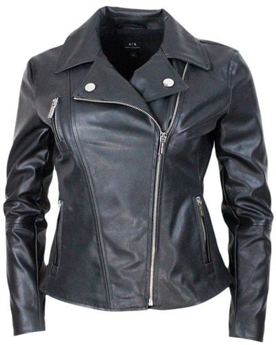 Armani Exchange Faux Leather Jacket With Zip Closure And Zip On The Cuffs And Pockets - Black