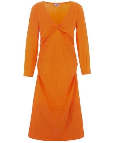 Ganni V-neck Long-sleeved Gathered Detail Dress - Orange