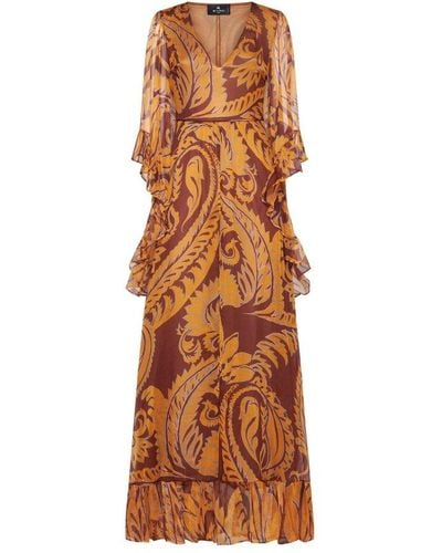 Etro Print Silk Long Dress - Brown